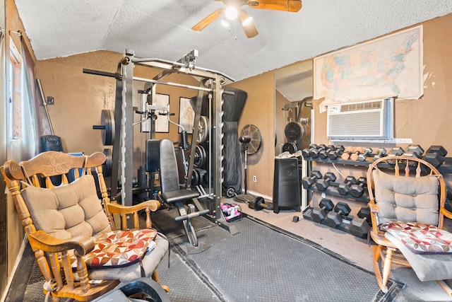 workout area featuring lofted ceiling, ceiling fan, carpet floors, and a textured ceiling