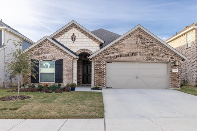 view of front of house featuring a garage and a front lawn