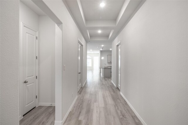 hall with a raised ceiling and light hardwood / wood-style flooring