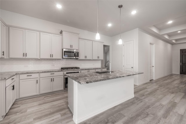 kitchen with sink, an island with sink, stainless steel appliances, and light hardwood / wood-style floors