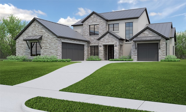 modern farmhouse style home with a standing seam roof, metal roof, driveway, and stucco siding