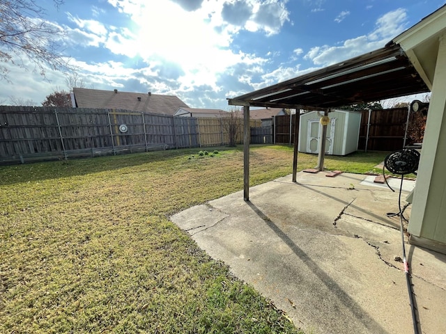 view of yard featuring a patio area and a storage shed