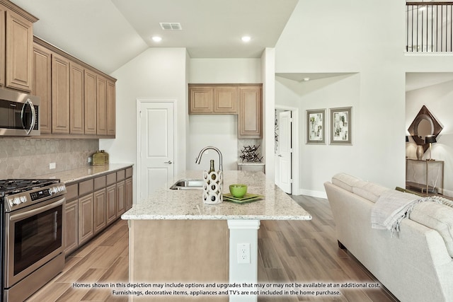 kitchen with a center island with sink, light hardwood / wood-style floors, sink, and appliances with stainless steel finishes