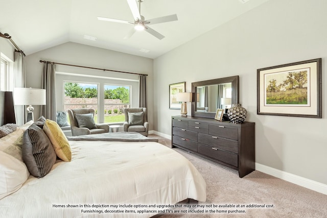 bedroom featuring ceiling fan, light colored carpet, and vaulted ceiling