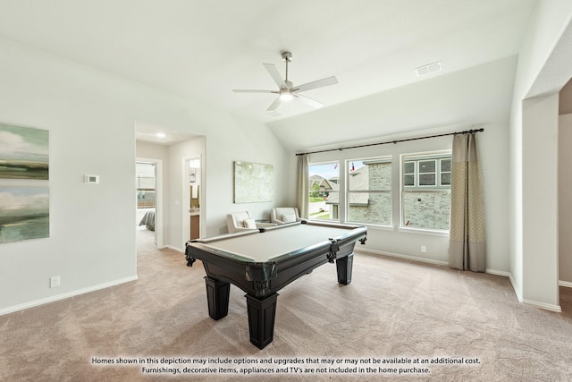 playroom featuring ceiling fan, light colored carpet, pool table, and vaulted ceiling