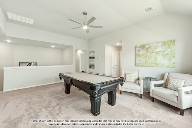 rec room with ceiling fan, light colored carpet, vaulted ceiling, and billiards