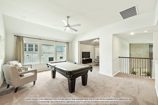 rec room featuring light carpet, vaulted ceiling, ceiling fan, and pool table