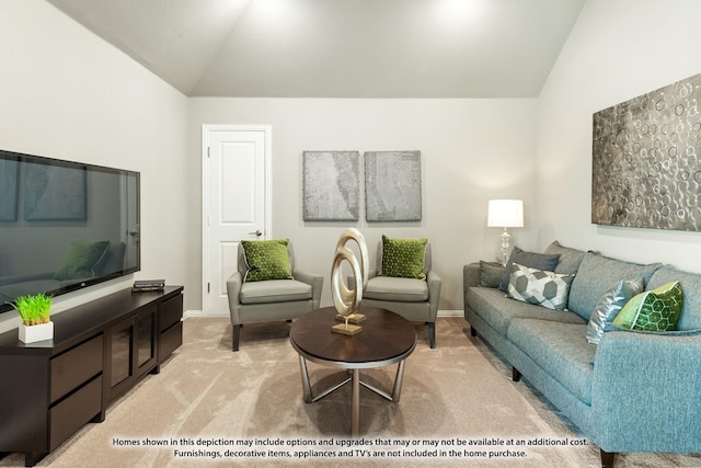 carpeted living room featuring vaulted ceiling