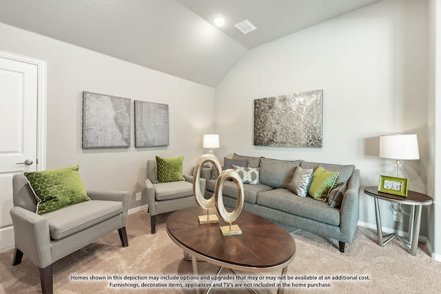 carpeted living room featuring lofted ceiling