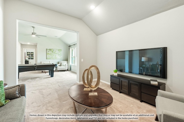 living room featuring ceiling fan, light carpet, lofted ceiling, and pool table