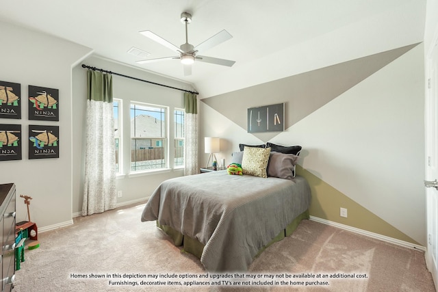 bedroom featuring light carpet and ceiling fan