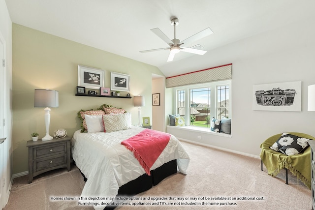 bedroom with ceiling fan and light colored carpet