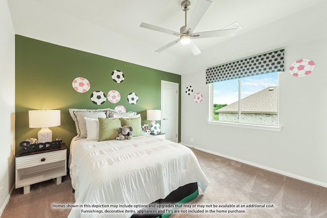 carpeted bedroom with ceiling fan