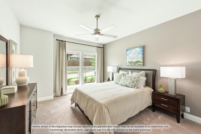 bedroom featuring ceiling fan and light carpet