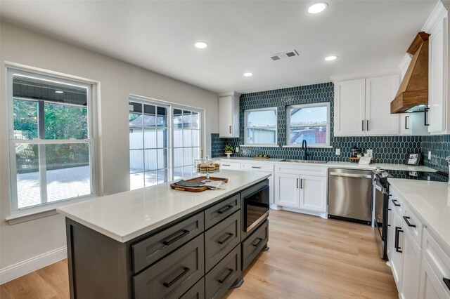 kitchen featuring appliances with stainless steel finishes, tasteful backsplash, sink, white cabinets, and custom range hood