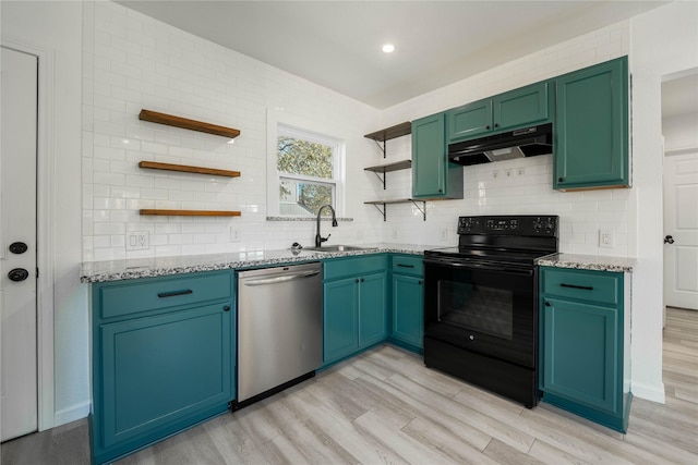 kitchen featuring dishwasher, sink, black / electric stove, light hardwood / wood-style floors, and light stone counters