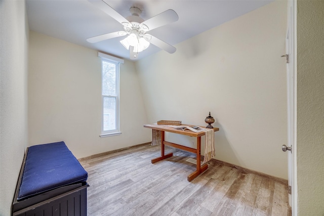 office with ceiling fan and light hardwood / wood-style floors