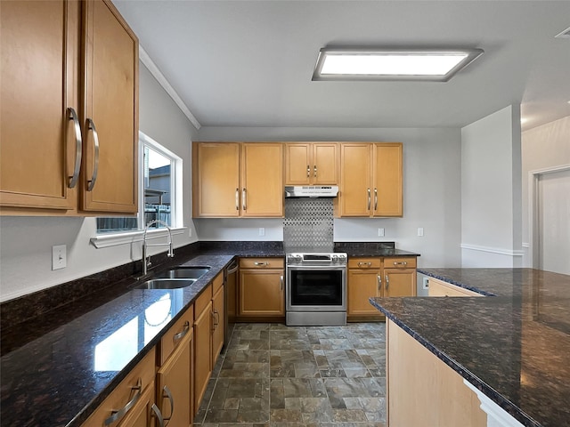 kitchen with dark stone countertops, sink, appliances with stainless steel finishes, and tasteful backsplash