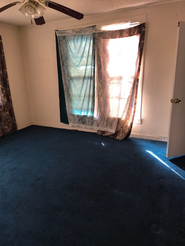 unfurnished room featuring ceiling fan, carpet, and a textured ceiling