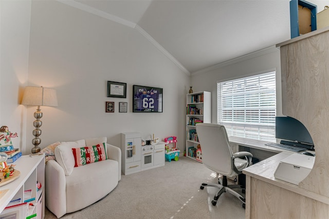 carpeted office featuring vaulted ceiling and ornamental molding