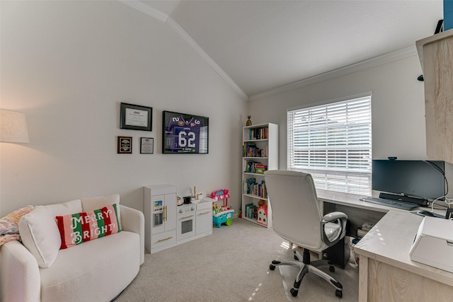 carpeted office featuring vaulted ceiling and ornamental molding