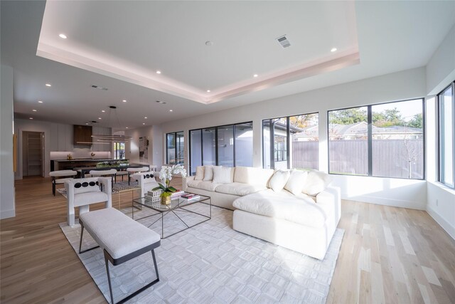 living room featuring light hardwood / wood-style flooring and a tray ceiling