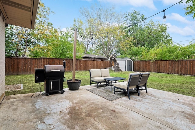 view of patio with a shed