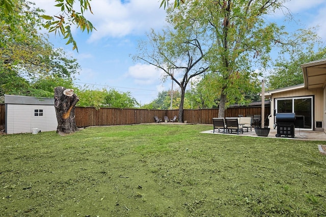 view of yard with a patio area and a shed