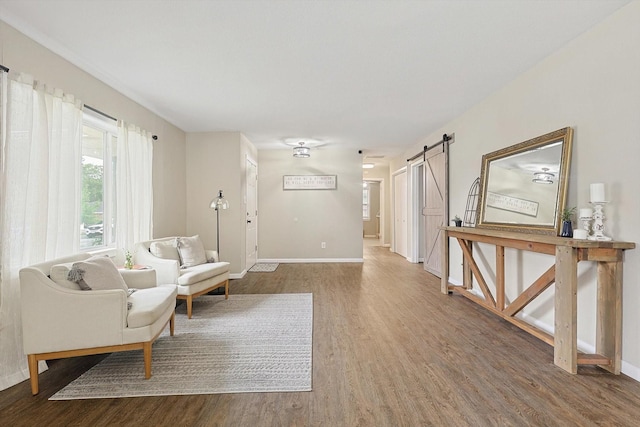 living room with hardwood / wood-style floors and a barn door