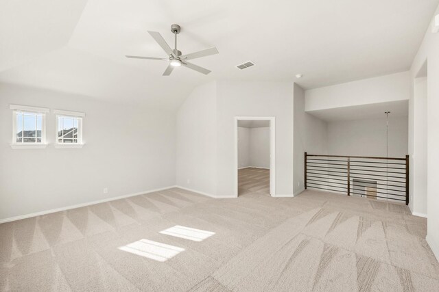 playroom featuring lofted ceiling, pool table, light colored carpet, and ceiling fan