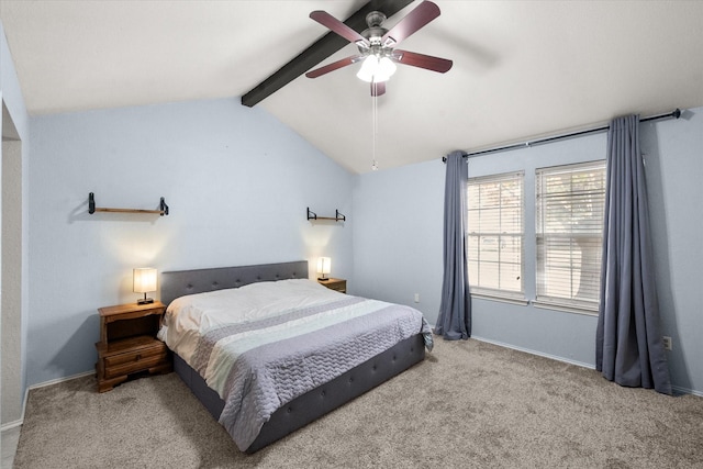 bedroom featuring light colored carpet, lofted ceiling with beams, and ceiling fan