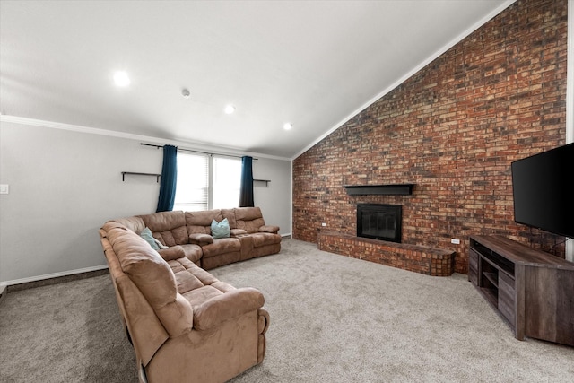 carpeted living room featuring ornamental molding, lofted ceiling, and a brick fireplace