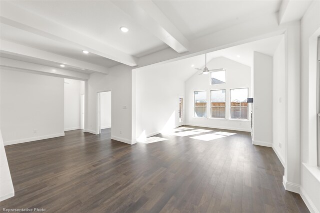 unfurnished living room featuring vaulted ceiling with beams, ceiling fan, and dark hardwood / wood-style floors