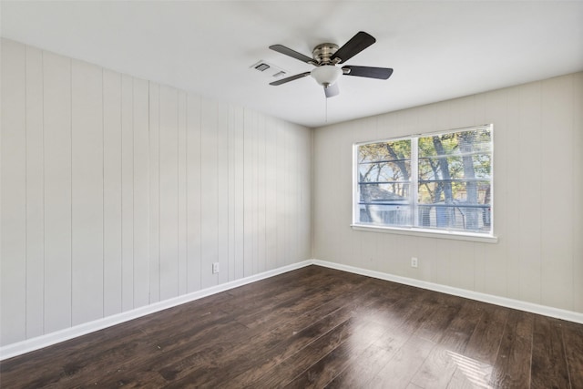 empty room featuring dark hardwood / wood-style floors, ceiling fan, and wood walls