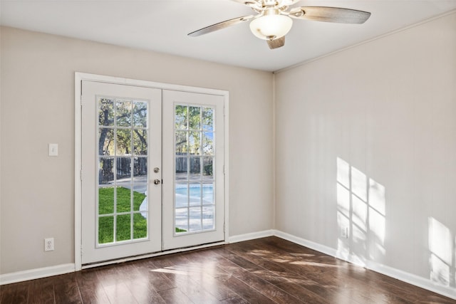 doorway to outside with french doors, dark hardwood / wood-style flooring, and ceiling fan