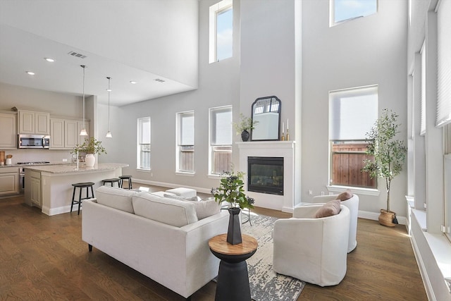 living room with dark hardwood / wood-style floors, a healthy amount of sunlight, and a towering ceiling