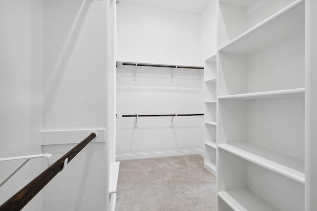 walk in closet with light colored carpet