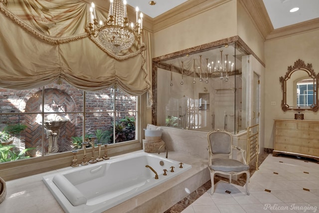 bathroom featuring vanity, a wealth of natural light, ornamental molding, and plus walk in shower