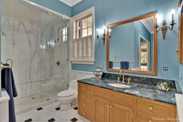 bathroom with toilet, a healthy amount of sunlight, an enclosed shower, and crown molding