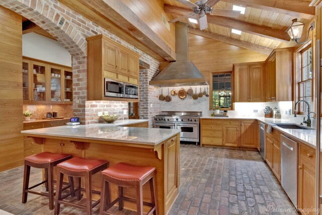 kitchen featuring wood walls, wall chimney range hood, sink, appliances with stainless steel finishes, and a healthy amount of sunlight