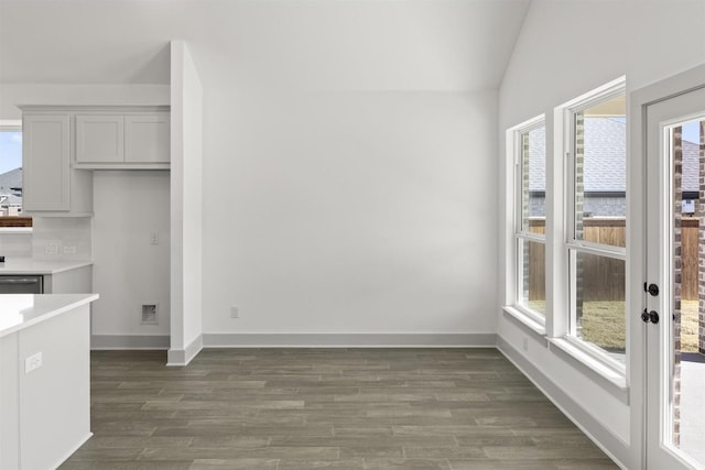 unfurnished dining area with lofted ceiling, dark hardwood / wood-style floors, and a wealth of natural light