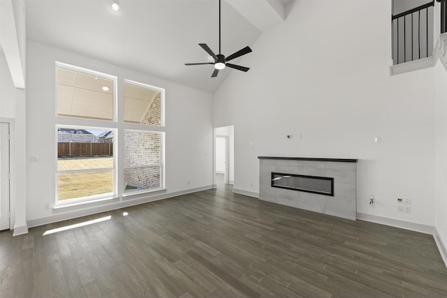 unfurnished living room featuring high vaulted ceiling, ceiling fan, a fireplace, and dark wood-type flooring