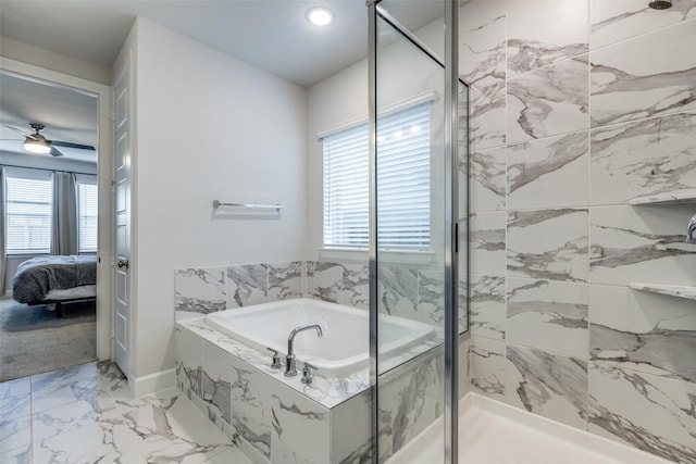 bathroom with separate shower and tub, ceiling fan, and plenty of natural light