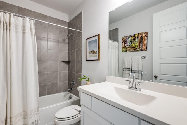 full bathroom featuring vanity, toilet, and shower / tub combo with curtain