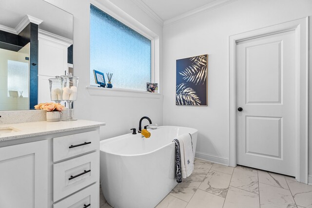 bathroom featuring vanity, independent shower and bath, and ornamental molding