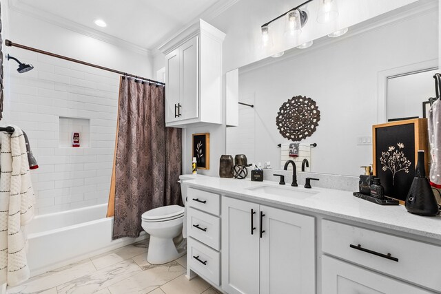 full bathroom with toilet, vanity, shower / tub combo with curtain, and crown molding