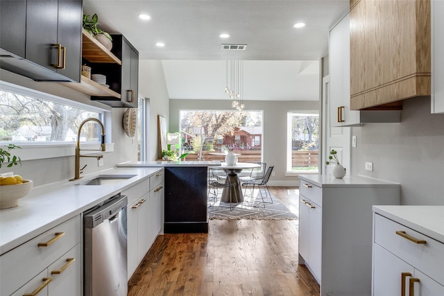 kitchen featuring sink, decorative light fixtures, white cabinetry, and dishwasher