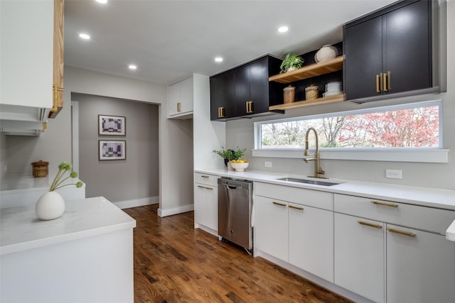 kitchen featuring white cabinets, dishwasher, dark hardwood / wood-style floors, and sink