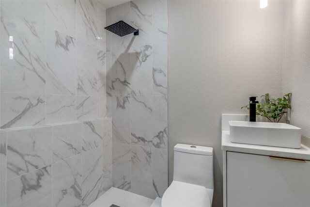 bathroom with toilet, tiled shower, and vanity