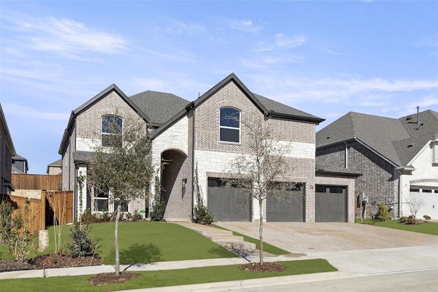 french provincial home with a front yard and a garage